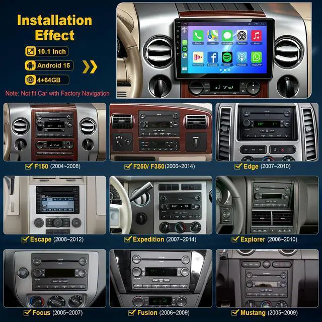 Alt view image 2 of 7 - (8 core+64G) Car Radio for Ford F150/F250/F350 2004-2014, 10 Inch QLED Touch Screen Car Stereo with Carplay&Android Auto,GPS, WiFi, Bluetooth,FM,Rear View, DSP, Android 15