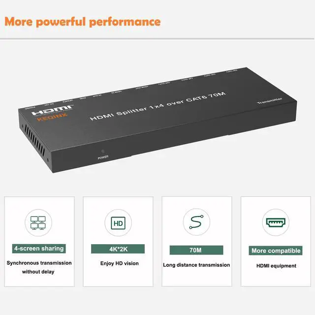 Alt view image 6 of 7 - 1x4 HDMI Extender Splitter 4K Over Cat6 70m/230ft POC with 4X Receivers IR Control EDID HDMI Over Ethernet Splitter
