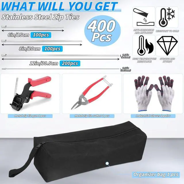 Alt view image 2 of 7 - 400PCS Metal Zip Ties Gun Kit, 6/8/12 Inch Heavy Duty Metal Zip Ties, Multi-Purpose Self-Locking Cable Tie Tool Set for Vehicles Farms Plants Fences Pipe Bundling, Scissors