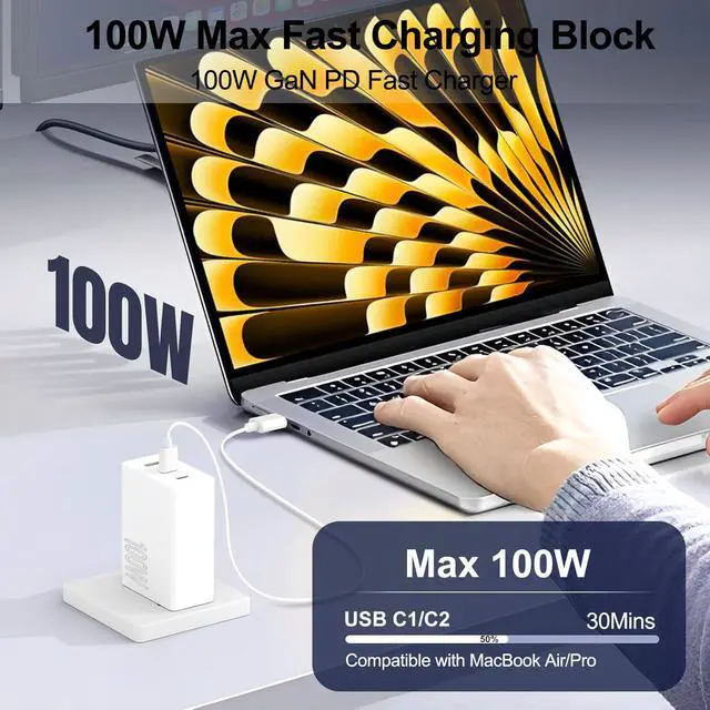 Alt view image 2 of 7 - 100W USB C Charger Block,2Pack 3-Port PD&AC GaN Super Fast USB C Charging Block Wall Charger Adapter Plug for MacBook Pro/MacBook Air,iPhone 17 Pro Max/17 Air/16 Plus/16E/15,iPad Pro/Air/Mini and More