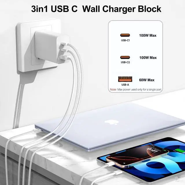 Alt view image 3 of 7 - 100W USB C Charger Block,2Pack 3-Port PD&AC GaN Super Fast USB C Charging Block Wall Charger Adapter Plug for MacBook Pro/MacBook Air,iPhone 17 Pro Max/17 Air/16 Plus/16E/15,iPad Pro/Air/Mini and More