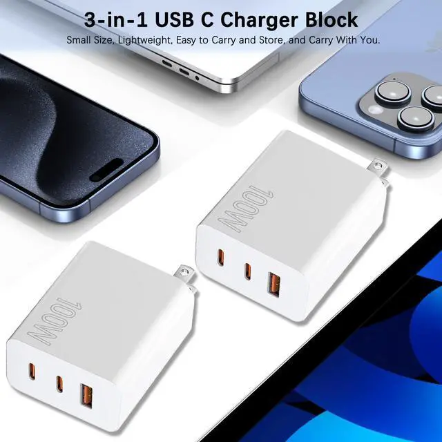 Alt view image 7 of 7 - 100W USB C Charger Block,2Pack 3-Port PD&AC GaN Super Fast USB C Charging Block Wall Charger Adapter Plug for MacBook Pro/MacBook Air,iPhone 17 Pro Max/17 Air/16 Plus/16E/15,iPad Pro/Air/Mini and More