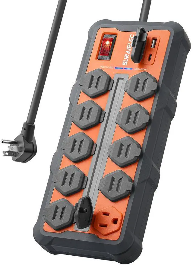 Main image of Heavy Duty Power Strip with 4500J Surge Protector, 10 AC Outlets | 1 USB-A & 1 USB-C Ports, Overmolded Rubber Housing, Wall Mount, 14AWG 10Ft Cord for Workshop, Garage, Office, ETL Listed