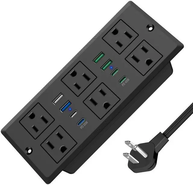Main image of 45W Recessed Power Strip, Flush Mount, 6AC Outlet, 8USB Ports, 1200J | 6FT 45° Flat Plug Cord, Furniture Hidden Charger Station, Recessed Outlet, Desk Drawer, Home Office, Black, ETL Listed