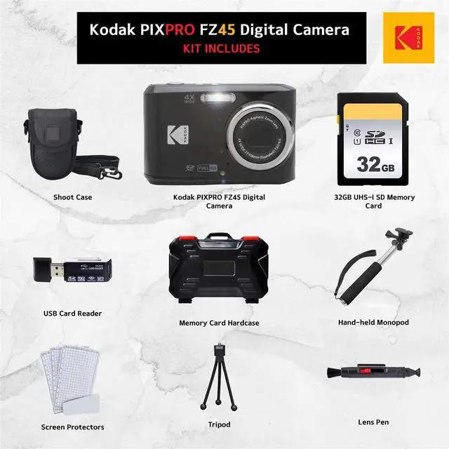 Alt view image 2 of 7 - Kodak PIXPRO FZ45 Digital Camera, 32GB Memory Card, Point and Shoot Camera Case, Extendable Monopod, Lens Cleaning Pen, LCD Screen Protectors, Table Top Tripod â Ultimate Bundle (Black)