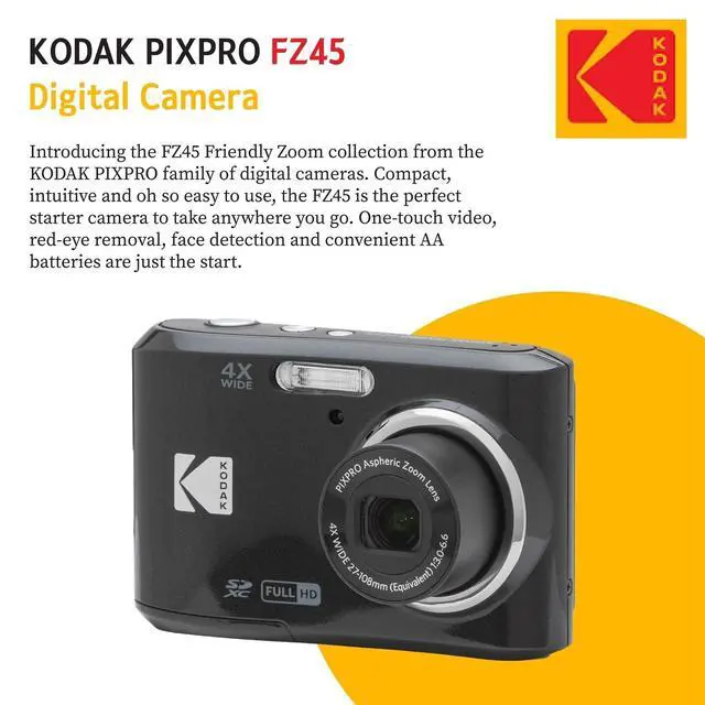 Alt view image 7 of 7 - Kodak PIXPRO FZ45 Digital Camera, 32GB Memory Card, Point and Shoot Camera Case, Extendable Monopod, Lens Cleaning Pen, LCD Screen Protectors, Table Top Tripod â Ultimate Bundle (Black)