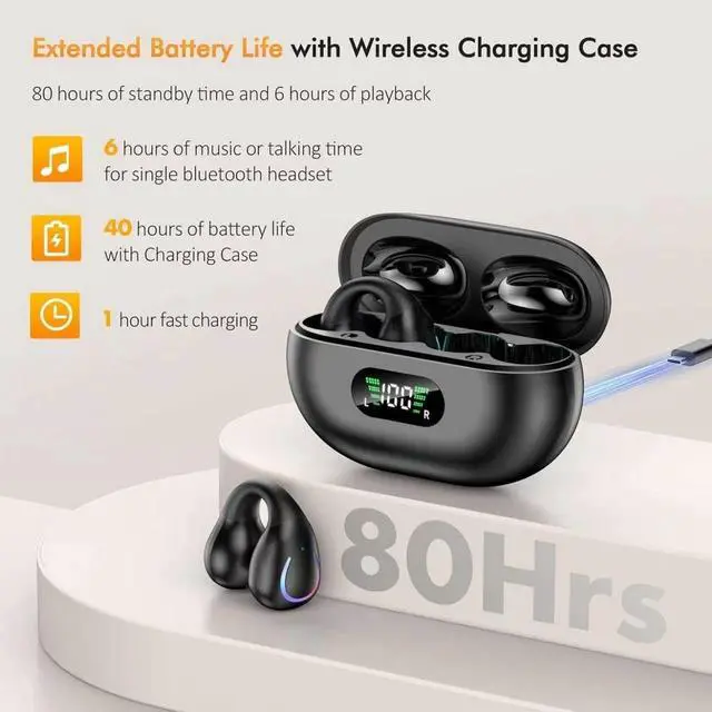 Alt view image 3 of 7 - Open Ear Bone Conduction Headphones Bluetooth 6.1 Wireless Clip On Earbuds | Digital Display Charging Case 60 Hours Playtime Sport Earphones Built-in Mic IPX7Waterproof for Running Fitness Exercise