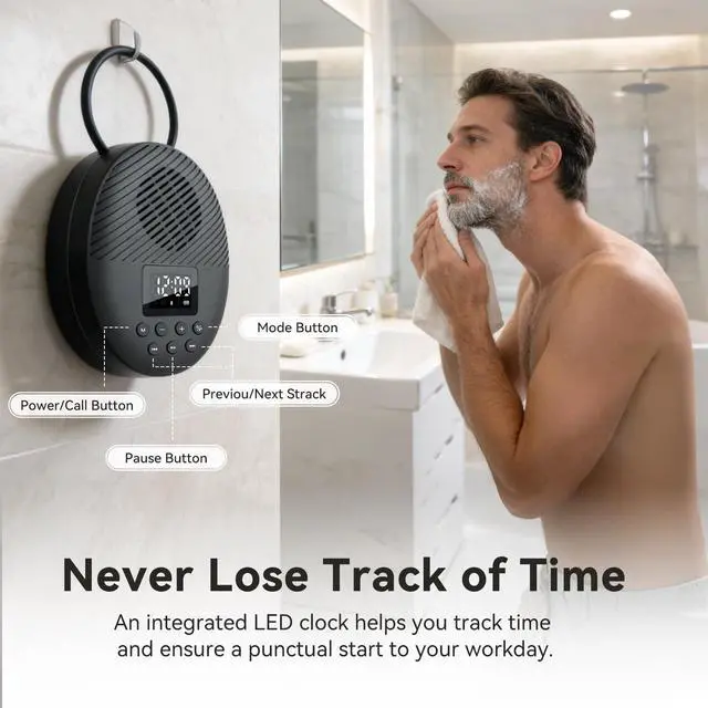 Alt view image 3 of 7 - Bluetooth 5.4 Shower Radio Speaker, Waterproof Bathroom FM Radio | 12H Long Playback Time, Suction Cup & Lanyard, LCD Screen Display, Handsfree Calling, Storage Card Playback (Black)