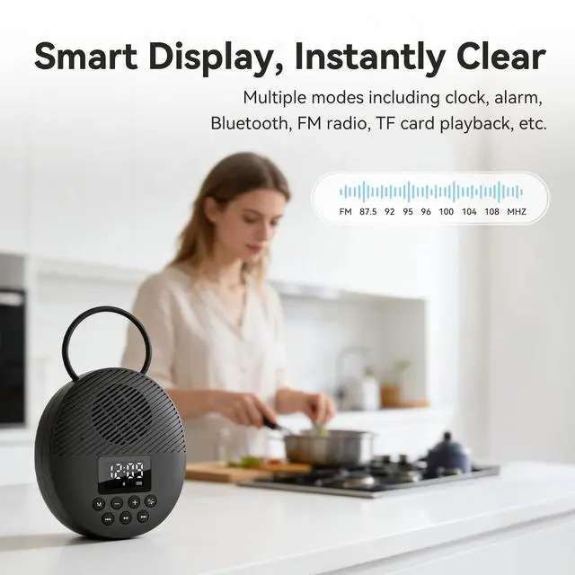 Alt view image 2 of 7 - Bluetooth 5.4 Shower Radio Speaker, Waterproof Bathroom FM Radio | 12H Long Playback Time, Suction Cup & Lanyard, LCD Screen Display, Handsfree Calling, Storage Card Playback (Black)