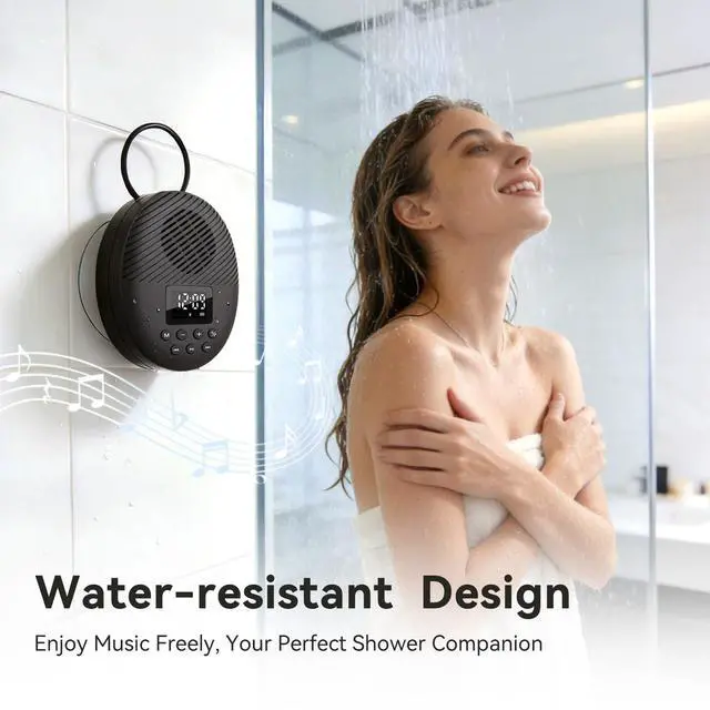 Alt view image 6 of 7 - Bluetooth 5.4 Shower Radio Speaker, Waterproof Bathroom FM Radio | 12H Long Playback Time, Suction Cup & Lanyard, LCD Screen Display, Handsfree Calling, Storage Card Playback (Black)