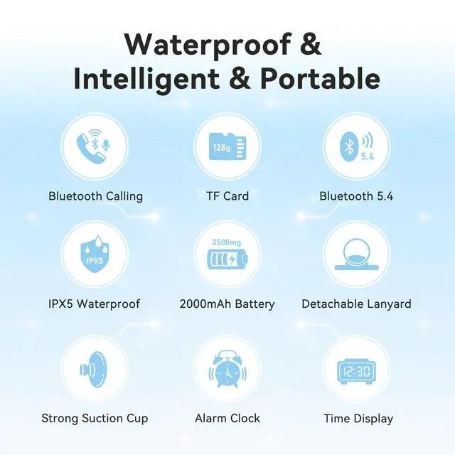 Alt view image 7 of 7 - Bluetooth 5.4 Shower Radio Speaker, Waterproof Bathroom FM Radio | 12H Long Playback Time, Suction Cup & Lanyard, LCD Screen Display, Handsfree Calling, Storage Card Playback (Black)