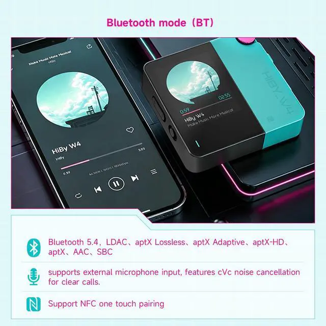 Alt view image 3 of 7 - W4 Bluetooth Headphone Amplifier USB DAC, BT 5.4 & NFC, aptX Lossless LDAC, Dual DAC, DSD512 PCM 768kHz, 2-Inch Touch Screen, CVC Noise Reduction, 3.5mm & 4.4mm Balanced Output
