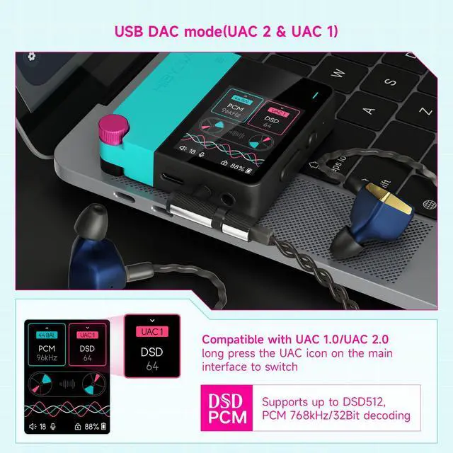 Alt view image 4 of 7 - W4 Bluetooth Headphone Amplifier USB DAC, BT 5.4 & NFC, aptX Lossless LDAC, Dual DAC, DSD512 PCM 768kHz, 2-Inch Touch Screen, CVC Noise Reduction, 3.5mm & 4.4mm Balanced Output