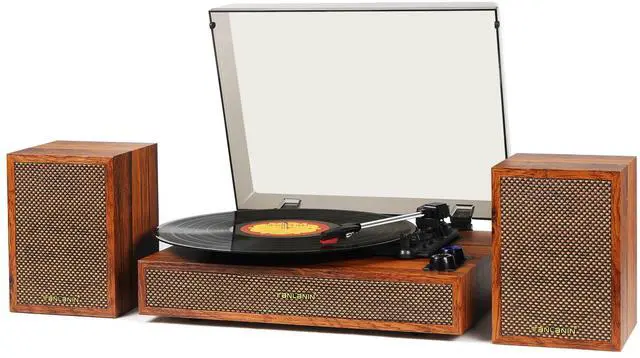 Main image of Vinyl Record Player with External Speakers, 3 Speed Bluetooth Turntable for Vinyl Records, Vintage Belt Drive Record Player with Stereo Speakers and Auto Stop, RCA Audio Out and Aux-in,Light Wood