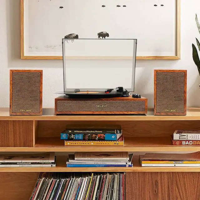 Alt view image 2 of 7 - Vinyl Record Player with External Speakers, 3 Speed Bluetooth Turntable for Vinyl Records, Vintage Belt Drive Record Player with Stereo Speakers and Auto Stop, RCA Audio Out and Aux-in,Light Wood