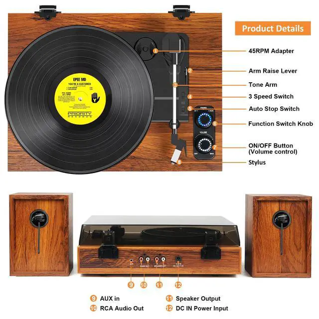 Alt view image 3 of 7 - Vinyl Record Player with External Speakers, 3 Speed Bluetooth Turntable for Vinyl Records, Vintage Belt Drive Record Player with Stereo Speakers and Auto Stop, RCA Audio Out and Aux-in,Light Wood