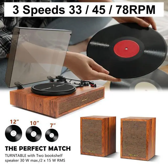 Alt view image 4 of 7 - Vinyl Record Player with External Speakers, 3 Speed Bluetooth Turntable for Vinyl Records, Vintage Belt Drive Record Player with Stereo Speakers and Auto Stop, RCA Audio Out and Aux-in,Light Wood