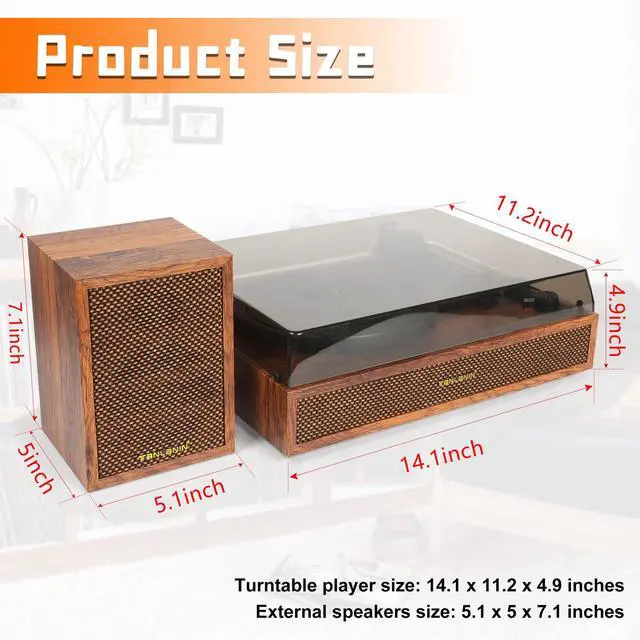 Alt view image 6 of 7 - Vinyl Record Player with External Speakers, 3 Speed Bluetooth Turntable for Vinyl Records, Vintage Belt Drive Record Player with Stereo Speakers and Auto Stop, RCA Audio Out and Aux-in,Light Wood