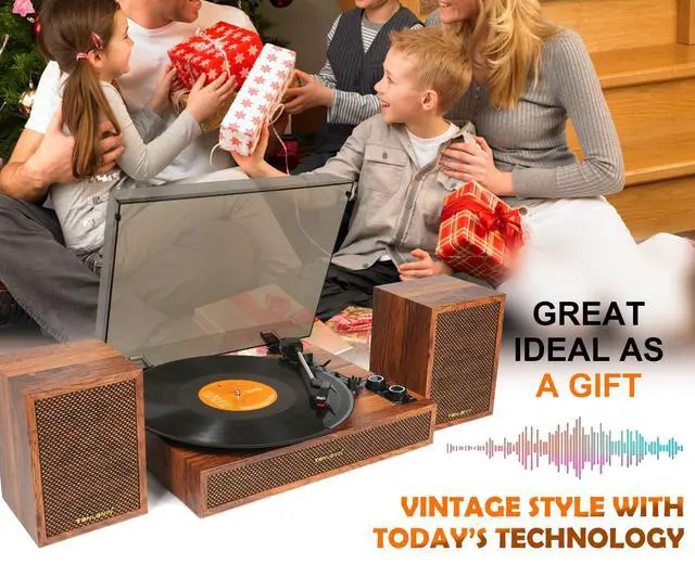Alt view image 7 of 7 - Vinyl Record Player with External Speakers, 3 Speed Bluetooth Turntable for Vinyl Records, Vintage Belt Drive Record Player with Stereo Speakers and Auto Stop, RCA Audio Out and Aux-in,Light Wood