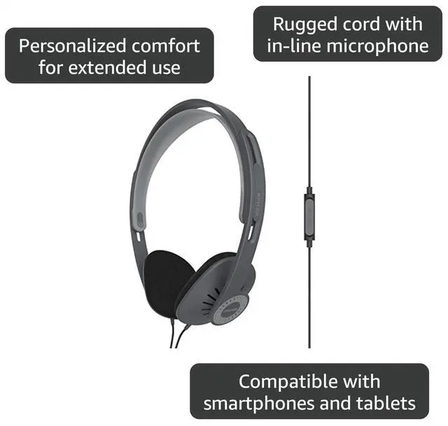 Alt view image 3 of 7 - KPH30i Retro Style On-Ear Headphones, Grey, Microphone, Wired | In-Line Microphone and Touch Remote Control, D-Profile Design, 3.5mm Jack
