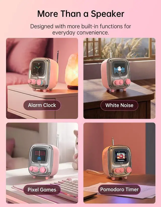 Alt view image 3 of 7 - Tiivoo-2 Retro Bluetooth Speaker, FM Radio, Pixel Art Display, Pink | Alarm Clock, Portable Mini Wireless Speaker, Cute Vintage Desk Decor Gift