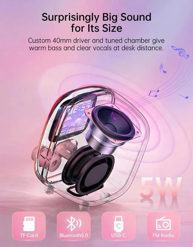 Alt view image 2 of 7 - Tiivoo-2 Retro Bluetooth Speaker, FM Radio, Pixel Art Display, Pink | Alarm Clock, Portable Mini Wireless Speaker, Cute Vintage Desk Decor Gift