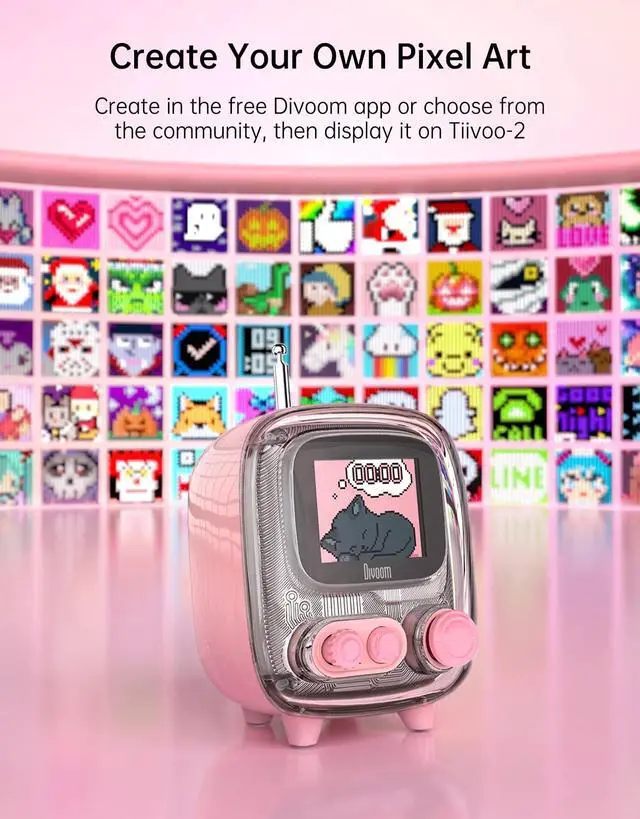 Alt view image 5 of 7 - Tiivoo-2 Retro Bluetooth Speaker, FM Radio, Pixel Art Display, Pink | Alarm Clock, Portable Mini Wireless Speaker, Cute Vintage Desk Decor Gift