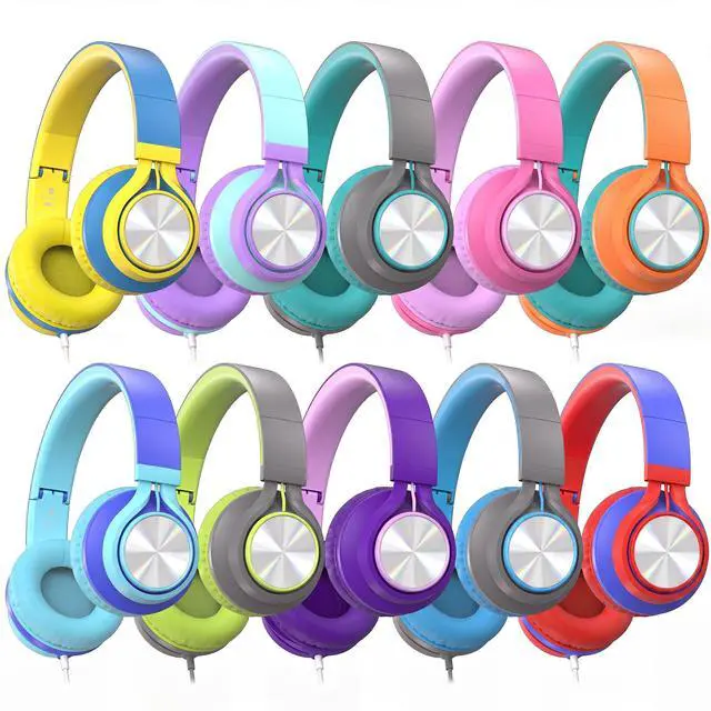 Main image of Classroom Headphones Bulk 10 Pack with Microphone, Multicolor | On-Ear Wired Kids Headphones for School with 3.5mm Jack for Library Online Learning,Chromebook, Tablet, Tangle-free Cord