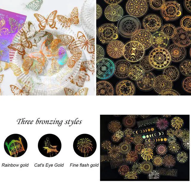 Alt view image 6 of 7 - Die Cut Golden Holographic Stickers, 360-Piece Glitter Translucent Decorative Decals PET Self-Adhesive Scrapbooking Supplies Set for Craft Projects Photo Album Laptop Resin Art