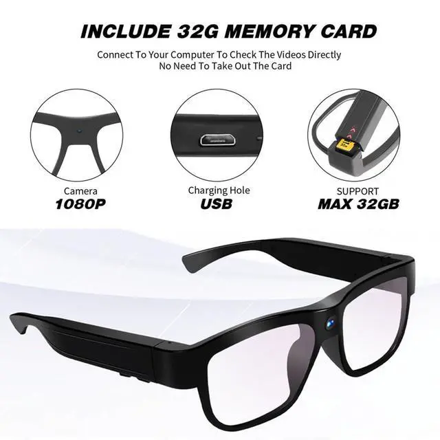 Alt view image 2 of 7 - Camera Glasses Video Recording Glasses Outdoor Hands-Free Recording Body Wearable with Camera HD 1080P for Men Women Outdoor Sport Hiking Biking Can Recording 90 Minutes