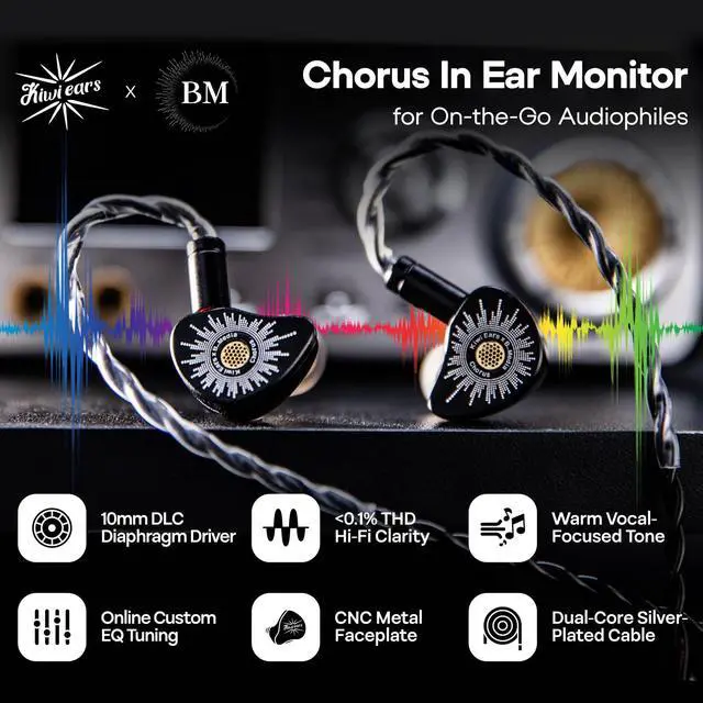 Alt view image 2 of 7 - Kiwi Ears x B_Media: Chorus in Ear Monitor,DLC Diaphragm Dynamic Driver Wired Earbuds CNC Metal Faceplate IEM,with Dual Silver-Plated Cable,Earphones for Audiophile (1, Black, 3.5mm No Mic)