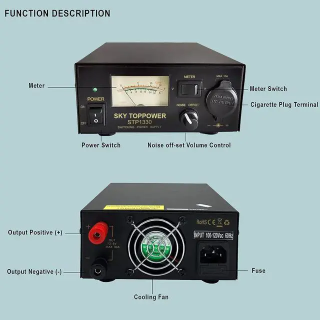 Alt view image 4 of 7 - 13.8V 30A Power Supply for Ham Radio,Universal Compact PSU | 30Amp Regulated Home Lab Benchtop AC-to-DC Converter for CB/HAM/Amateur Radio,Cigarette Lighter Socket,Screw-Type Terminals