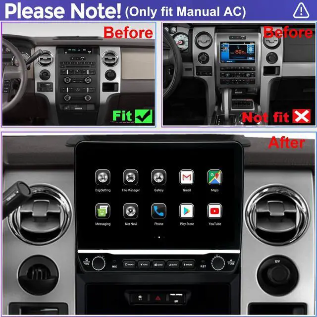 Alt view image 2 of 6 - for Ford F150 Radio Upgrade 2009 2010 2011 2012,QLED Touch Screen Stereo,8 Core CPU,Carplay Android Auto Ready,Keep OEM Steering Wheel Control,Back Camera Included,Only fit Manual AC
