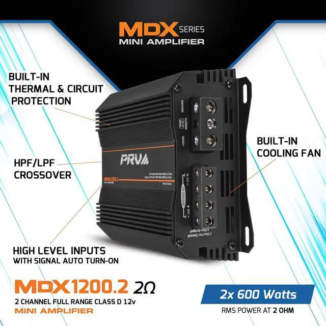 Alt view image 4 of 7 - MDX1200.2 2 Ohm Mini 2 Channel Car Audio Amplifier 2X 600 Watts RMS at 2 Ohm - Bridged 1CH 1200 Watt at 4 Ohm for Powersports, Motorcycles, ATV, for High Power Stereo Speaker Systems