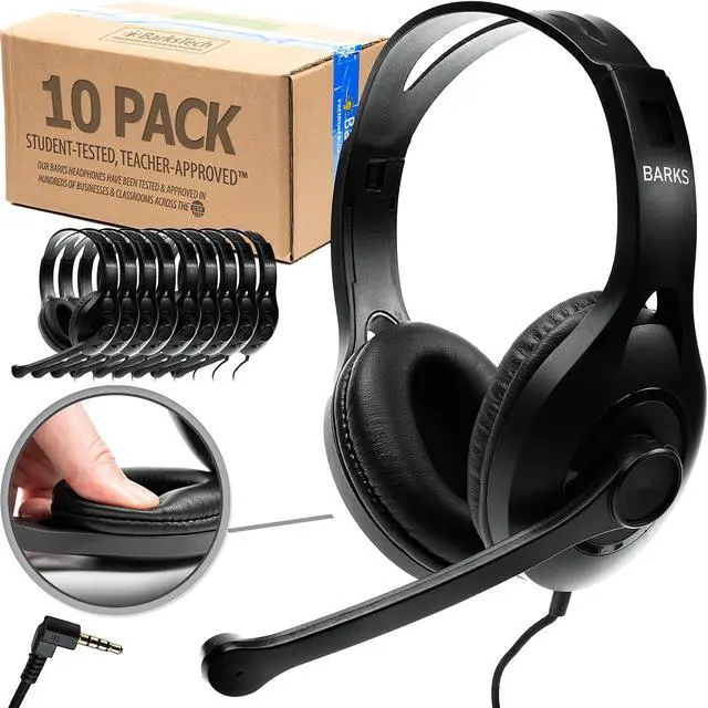 Main image of Classroom Headphones with Microphone Bulk 10 Pack (Black, 3.5mm) | Durable Everyday Student Use, Headsets with Mic, Adjustable Fit All-Day Comfort, Clear Voice, Easy Clean, K-12 School Testing