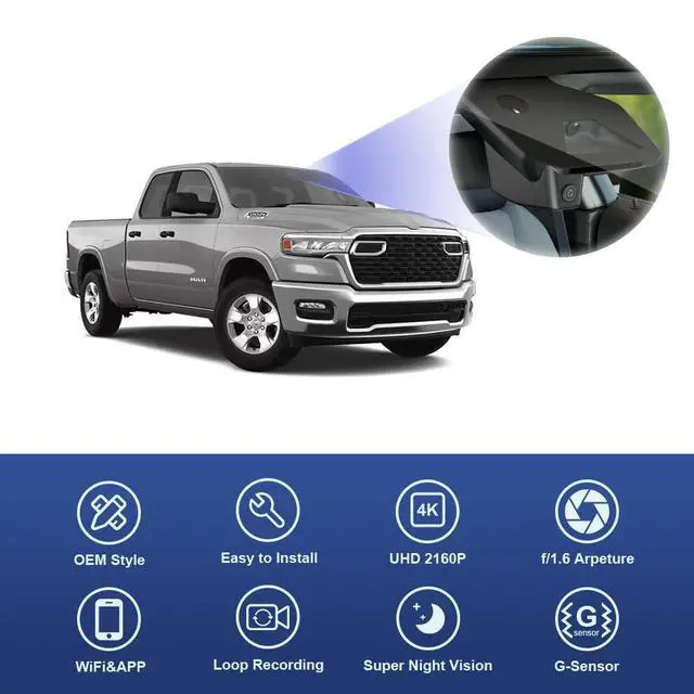 Alt view image 3 of 6 - 4K Dash Cam Suitable for RAM 1500 2025 2026 RHO (HD2-D4120), Integrated OEM Look, UHD 2160P Video, Built-in WiFi & APP, Loop Recording, Collision Sensor, Night Vision, Plug & Play, 64GB Card
