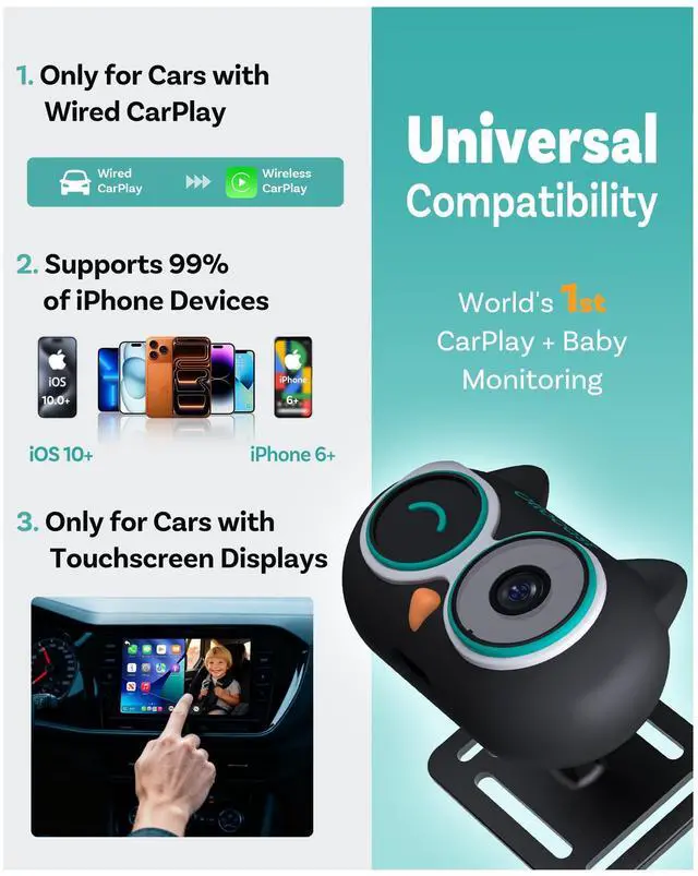 Alt view image 4 of 7 - Baby Car Camera Displaying on Car Screen,No Extra Screen Needed | 1080P Clear No-Glow Night Vision,Split-Screen Navigation,150°Wide Angle,Car Baby Monitor & Wireless CarPlay Adapter