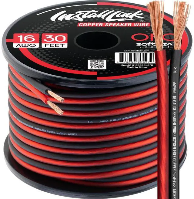 Main image of 16 AWG Gauge Speaker Wire (30 Feet) Car or Home Theater (OFC) | Pure OFC Copper, 16/2 Speaker Cable, 2-Conductor, Frosted Red/Black, Easy Strip, Polarity ID, for Car Audio & Home Stereo