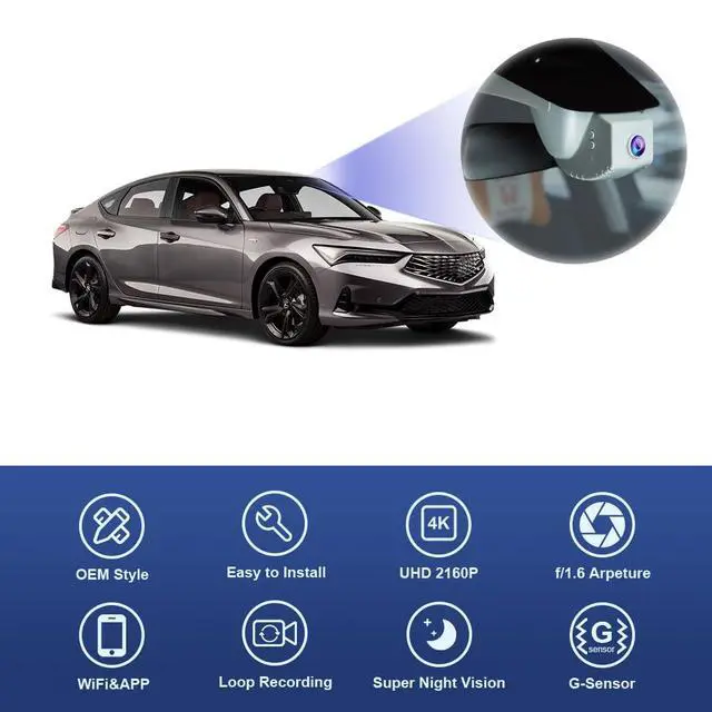 Alt view image 3 of 6 - 4K Dash Cam Compatible with Acura Integra 2023-2026 & Type S (Black Cover), Integrated OEM Look, 2160P UHD Video, Built-in WiFi & APP, Loop Recording, Gravity Sensor, Plug & Play, 64GB Card