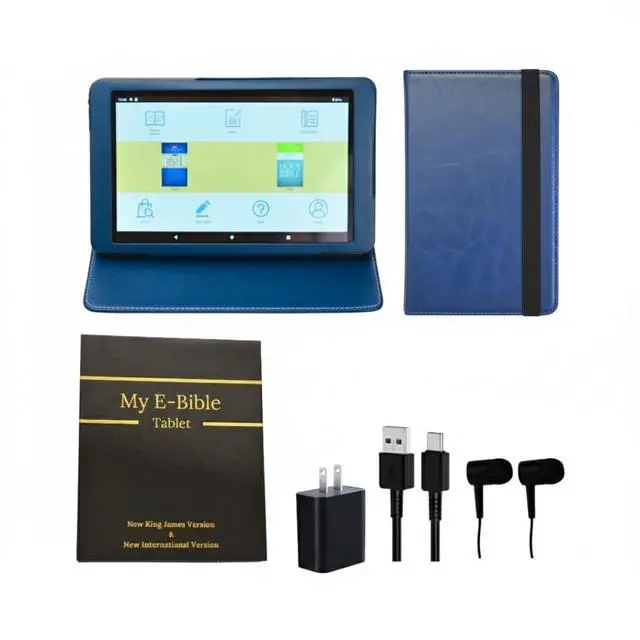 Main image of Award Winning Audiobook Speaker Electronic Bible, 8" eReader and Audio Player, with Headphones, Simulated Leather Case with Pocket for Church Notes, Hard Shell Bible Style Gift Box Included. (Blue)