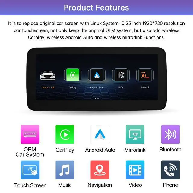 Alt view image 3 of 7 - 10.25" CarPlay Screen for Mercedes-Benz CLA GLA with NTG4.5 NTG4.7 | Linux HD Screen, Car Stereo Touchscreen for Mercedes C117 X117 X156 2013-2015, Wireless CarPlay, Android Auto, Mirrorlink
