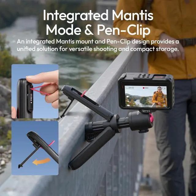 Alt view image 2 of 7 - MT55 SnapGo Mini Tripod Selfie Stick, 4-in-1, 12.2in | w Pen Clip, 4-in-1 Backpack Tripod Selfie Mantis Hook, 360° Ball Head, 4-Section, for Phone Action Compact Cameras