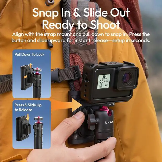 Alt view image 4 of 7 - MT55 SnapGo Mini Tripod Selfie Stick, 4-in-1, 12.2in | w Pen Clip, 4-in-1 Backpack Tripod Selfie Mantis Hook, 360° Ball Head, 4-Section, for Phone Action Compact Cameras