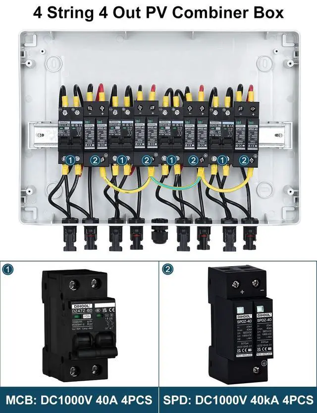 Alt view image 3 of 7 - Solar Disconnect Switch 40Amp DC Circuit Breaker with Surge Protector PV Combiner Box for Solar Panel 4 in 4 Out 1000V