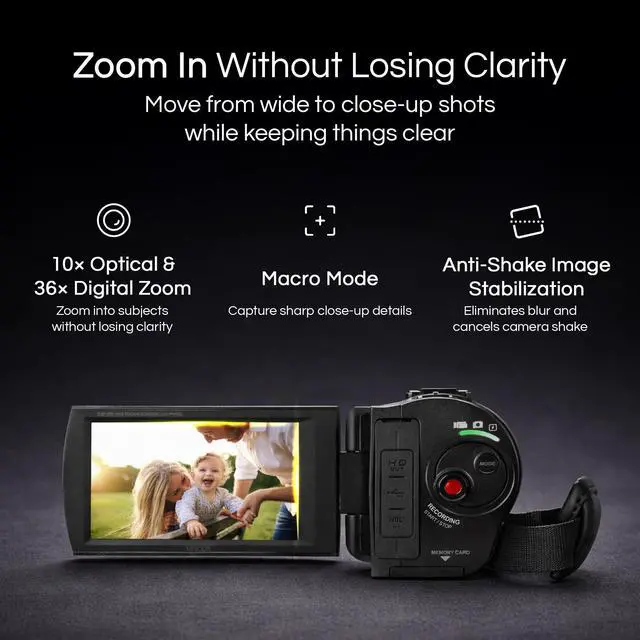 Alt view image 3 of 5 - Showtime MN4K100Z 4K Camcorder, 10X Optical Zoom, 28MP (Black) | Portable wireless speaker delivers convenient audio for home, travel and outdoor adventures