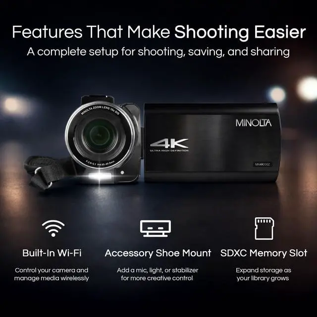 Alt view image 5 of 5 - Showtime MN4K100Z 4K Camcorder, 10X Optical Zoom, 28MP (Black) | Portable wireless speaker delivers convenient audio for home, travel and outdoor adventures