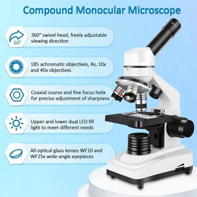 Alt view image 3 of 7 - Microscope for Adults & Kids,40x-2000x Compound Microscope with Dual LED Illumination,Great for School Labs & Home Schooling