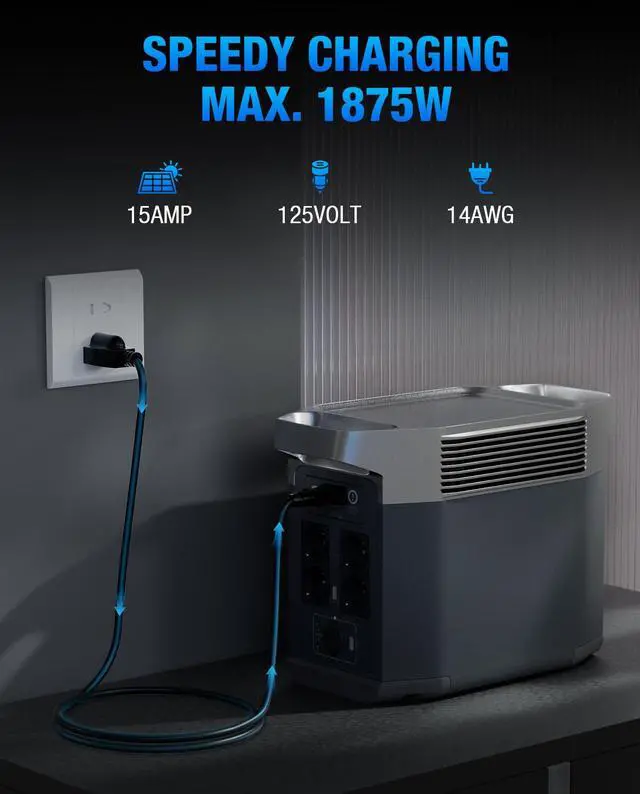 Alt view image 2 of 7 - Heavy-Duty Power Station Charging Cable, 14AWG Fast Charger Cable for Jackery Explorer 2000/1500/1000 Pro,Ecoflow Delta/River Series,Bluetti EB3A;Anker 757/767, 125V 15A Universal AC Power Cord(6FT)