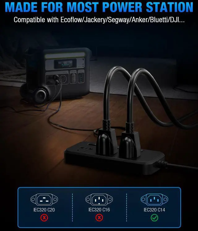 Alt view image 6 of 7 - Heavy-Duty Power Station Charging Cable, 14AWG Fast Charger Cable for Jackery Explorer 2000/1500/1000 Pro,Ecoflow Delta/River Series,Bluetti EB3A;Anker 757/767, 125V 15A Universal AC Power Cord(6FT)