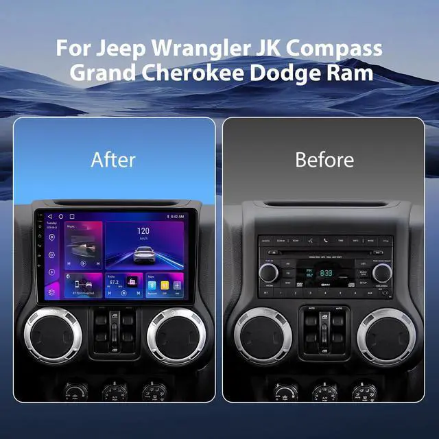 Alt view image 2 of 7 - 64G Car Radio for Jeep Wrangler JK 2007-2018/Dodge Ram 2009-2012, 10.2" Touch Screen Plug and Play Android 13 Car Stereo Wireless Carplay/Android Auto/1080P Backup Camera/AM & FM/Canbus